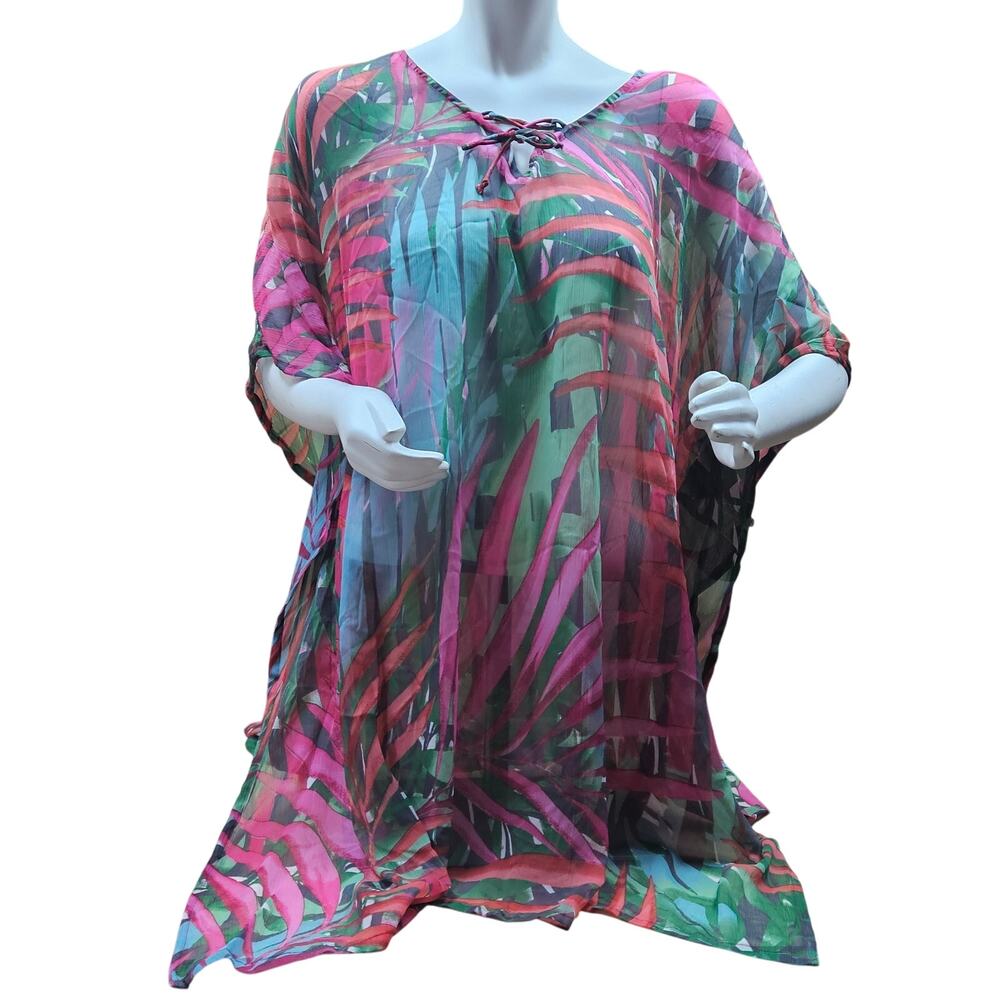 One Size Tropical Leaves Kimono Shear Beach Suit Cover-up Lace Up Neck Party